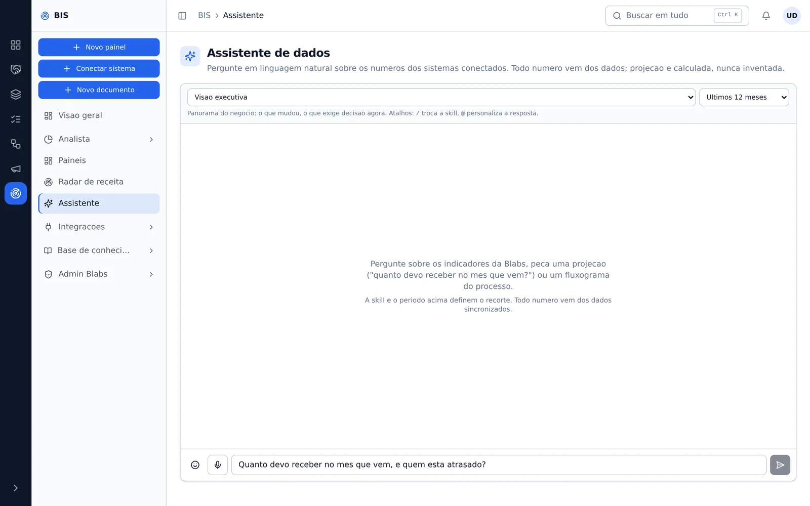 Assistente de dados do Bis recebendo uma pergunta em português