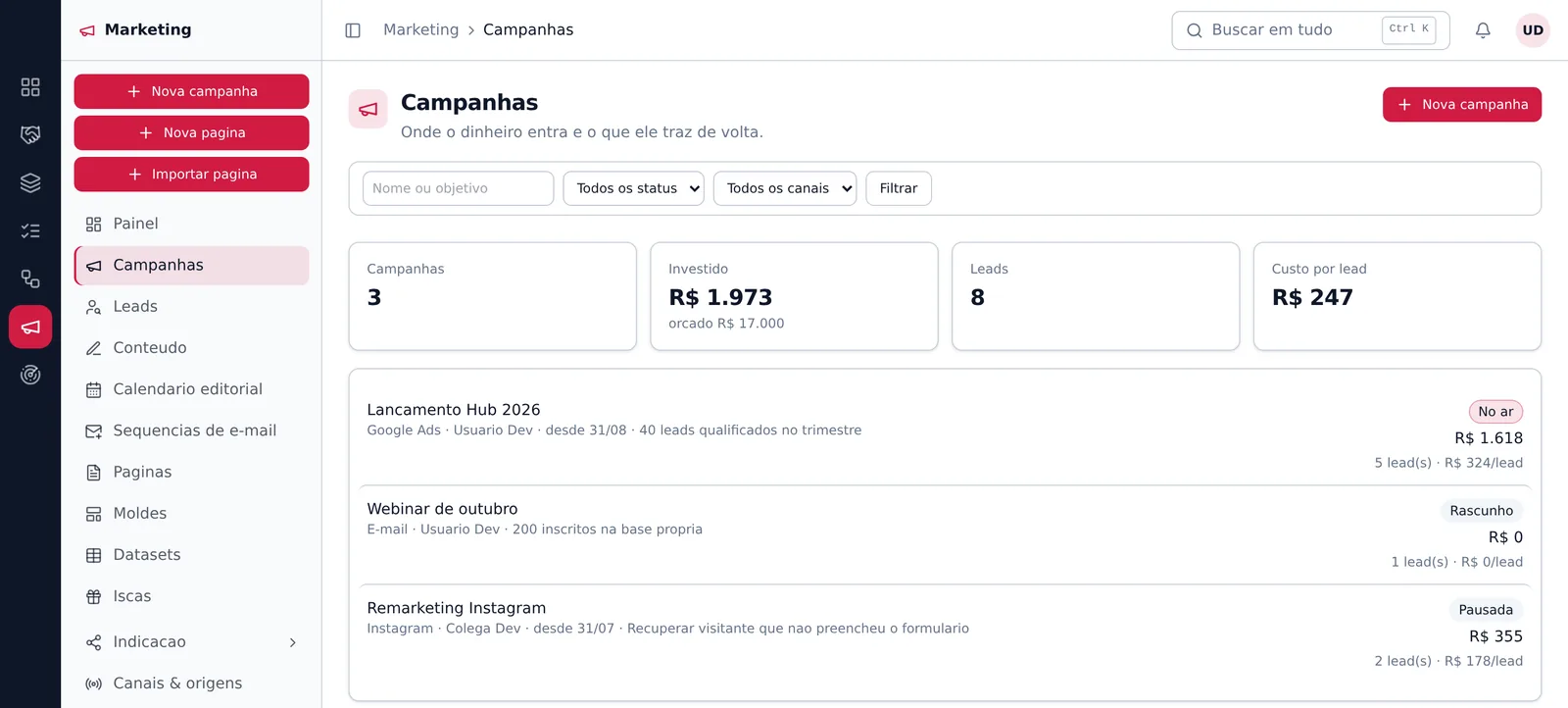 Lista de campanhas do Marketing Core com investimento, leads e custo por lead